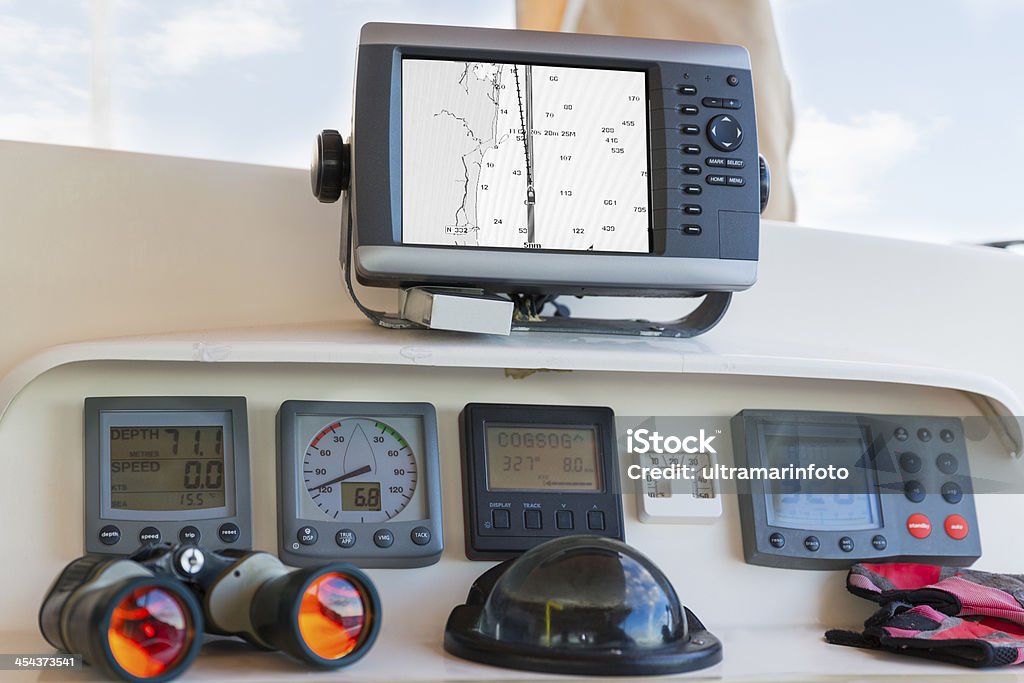 GPS chartplotter and navigation instruments at helm