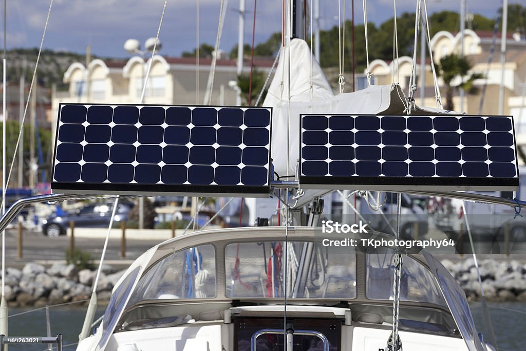 Solar panels mounted on sailboat stern arch